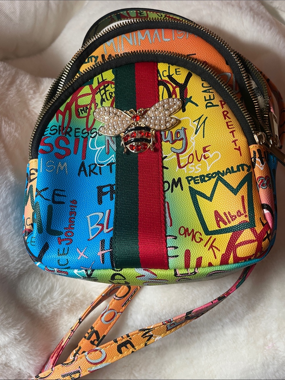 Alba Multicolor Graffiti Mini Backpack with Rhinestone Bee - Picture 6 of 7